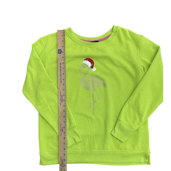 Christmas Flamingo Crew Neck Sweatshirt Women’s Size Small Lime Green Santa Hat - Picture 5 of 6